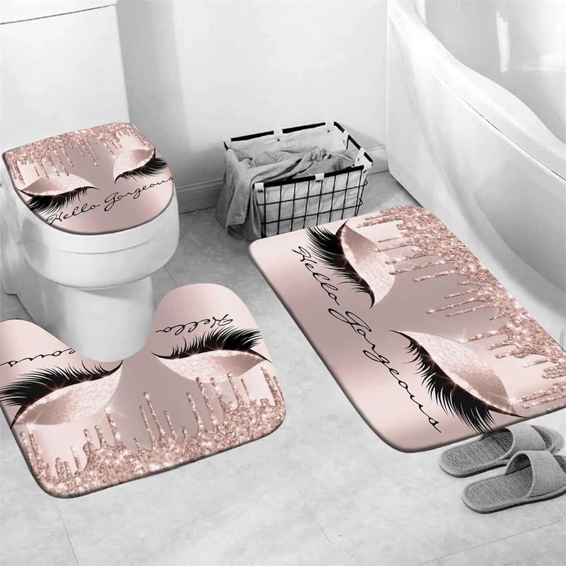 AZHM 4PCS Pretty Eyelash Shower Curtain Set Hello Gorgeous Bathroom Decor Set Pink Rose Gold Bathroom Curtains Shower Set with Shower Curtain and Rugs and Accessories - Image 3